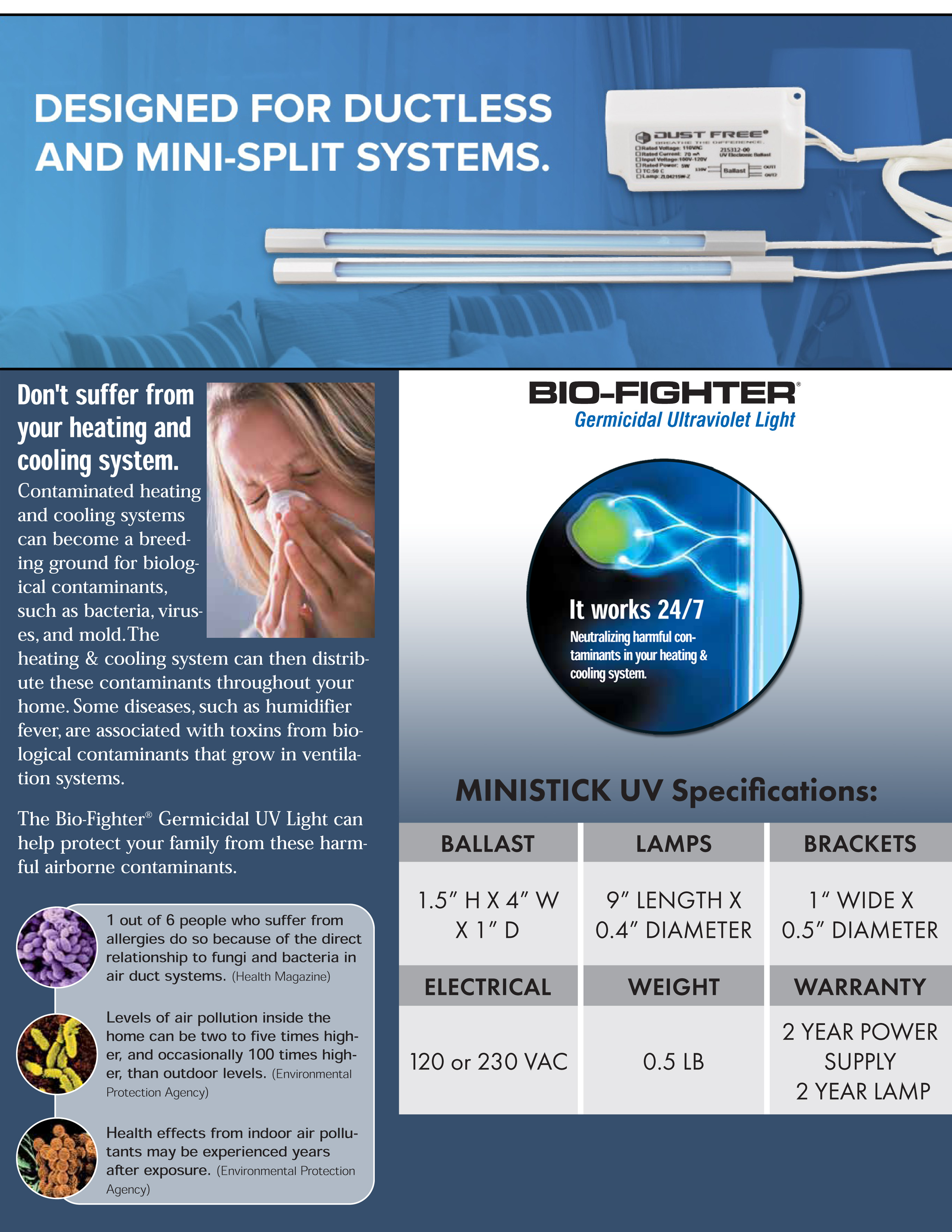 Bio-Fighter Dust Free Mini Split Dual-Lamp 120V UV Light Kit, 19401